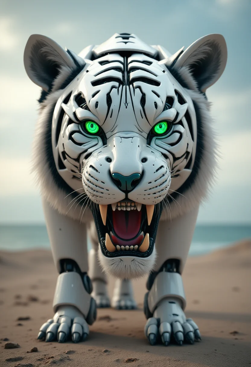Robo, Robotic, Tiger, Saturated beach in background, shallow depth of field, atmospheric perspective, award winning, set logical ambient background, stunning detail, pure, polished, dynamic, holy, fine detail, dynamic dramatic composition, ambient, <lora:FluxRoboStyle:1>