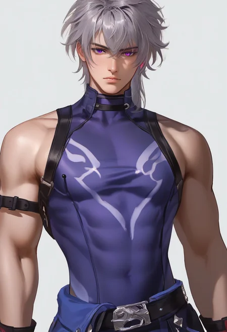 1boy, solo, male focus, slim toned male, moze_(hsr), moze, grey purplish hair, wolfcut hair, bangs between eyes, pale skin, purple eyes, slim face, detailed eyes, confident,
(white background:1.1), detailed light, light on hair, glowing, close up,
sleeveless, patterned top, looking at viewer, front view, relax, pectorals, abs, big chest, big thigh,
rating PG, score_9,score_8_up,score_7_up, source_anime, male focus, manly, tall, detailed eyebrow, sharp eyebrows, focus on thigh, thigh focus, random view, muscular, hung