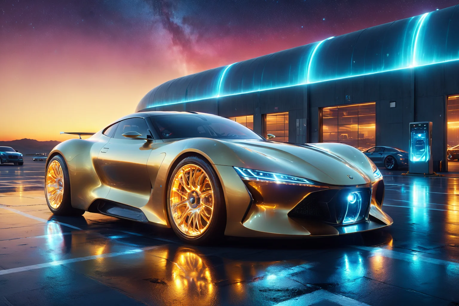 morph-aurora, a sleek sports car with aerodynamic curves, glowing headlights, solo, glowing rims, illuminated wheels, futuristic parking lot, floating platforms, charging stations, detailed background, racing on an airfield, runways glowing, flying vehicles nearby, dynamic angle, wide shot, a futuristic wheel, glowing rim, on the car, best quality, rich colors, realistic style, high detail, high-definition, hyper-realistic, extremely high-resolution details, fine texture, incredibly lifelike, realistic, not fantasy, not anime, not drawing, highres, 4K resolution, source photo, realistic photo, masterpiece, best quality, amazing quality, very aesthetic, ultra-detailed, detailed surfaces, natural metallic tones, soft light, futuristic gold, metallic sheen, warm light, wide shot, <lora:add-detail-xl:1> <lora:aurora_0_100_V1-000009:0.65>