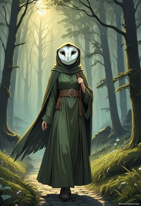Beautiful, gloomstalker, barn owl face, robe, fantasy, quiver, forest atmosphere, humanoid, female, motherly vibe
