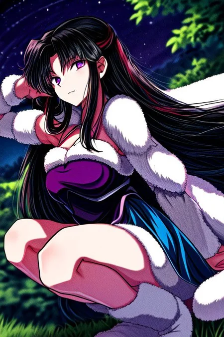 masterpiece, best quality 1girl Setsun4 solo long hair, (night time) forest background black hair very long hair purple eyes multicolored hair armor (fur trim) (medium body),<lora:EMS-179-EMS:0.800000>,<lora:EMS-293862-EMS:0.800000> cleavage, bracers, cape, fur boots