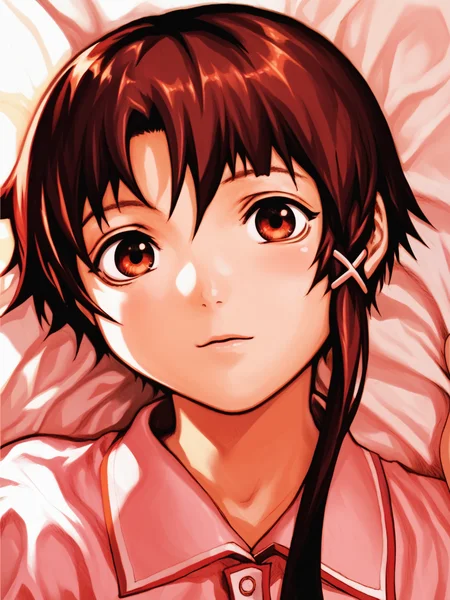 score_9, score_8_up, score_7_up, score_anime, rating_explicit, uncensored, BREAK, 1girl, <lora:yoshitoshi_ABe_Style_PDXLv1.1:0.8> abe yoshitoshi style, brown hair, brown eyes, iwakura lain, upper body, sexy face, x hair ornament,, detailed, beautiful
