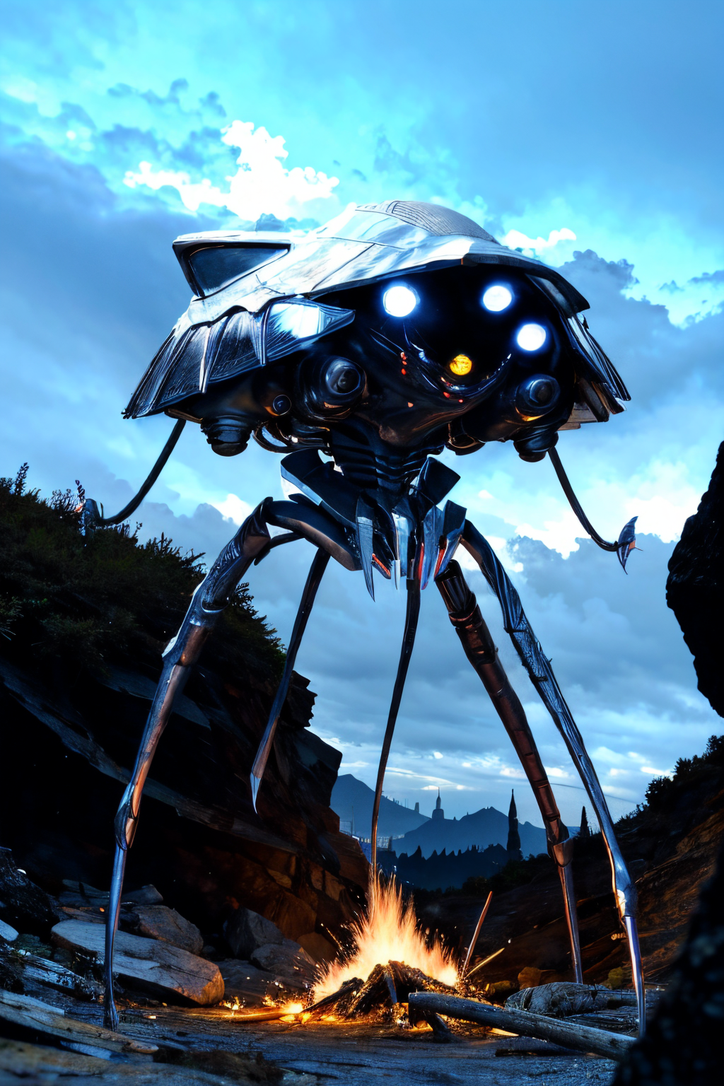(view from bottom), explosions in the background, night sky, (Realisitc:1.5), giant alien EdobTWOTWTripod creature with claws, <lora:EdobTheWarOfTheWorldsTripod_v1.0:1>