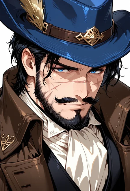 ww1era, victorianera, 18cera, alone, solo, close up, portrait, simple background, white background, 1man, adult man, blue eyes, light skin, black hair, moustache, scars in face, rugged face, deep brown coat, white shirt, black vest, blue jeans, cowboy boots, blue cowboy hat, confident expression, confident pose, cool, confident,
<lora:RavenScript :1>