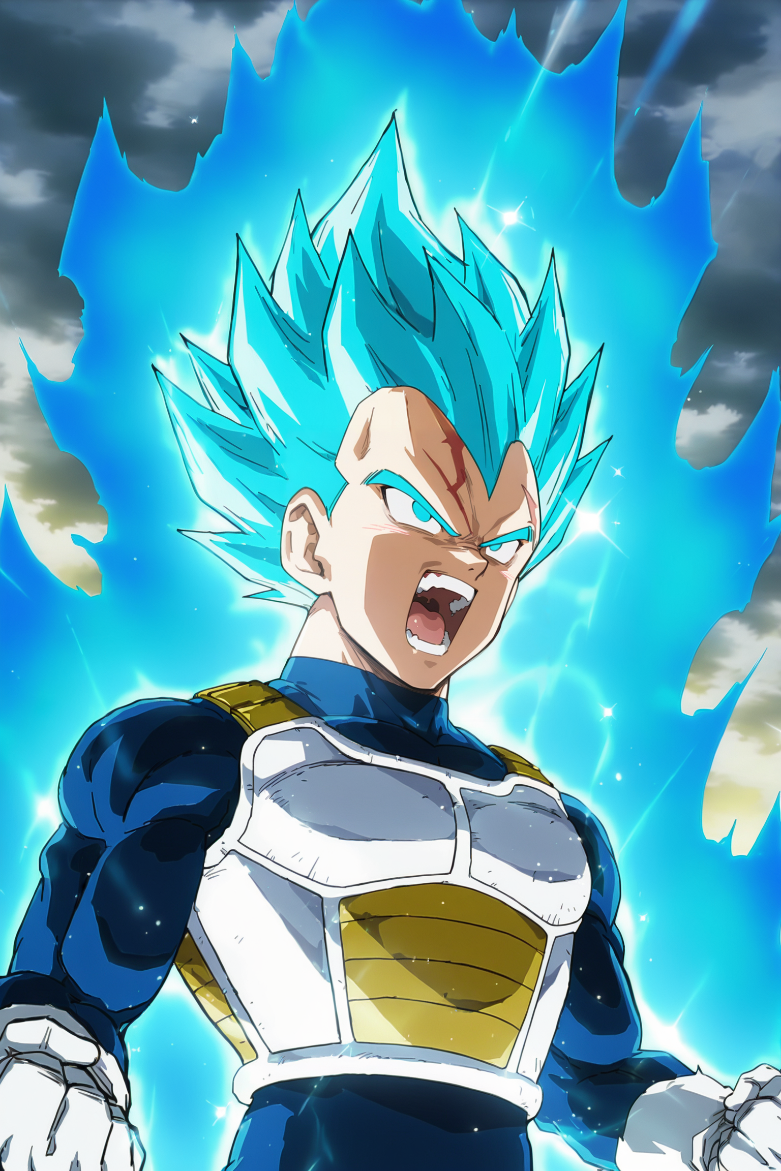 anime screencap, masterpiece, best quality, amazing quality, very aesthetic, absurdres,  newest, (scenery, volumetric lighting), dappled moonlight, light sunlight, light rays,
vegeta, official costume, modern saiyan armor, super saiyan blue, official style, solo, open mouth, spiked hair, light blue hair, blue eyes, looking at another, upper body, 1boy, male focus, muscular, saiyan armor, blue bodysuit, white gloves, powering up, blue aura, teeth, shouting, clenched hands, cloudy sky, v-shaped eyebrows, standing, sparkle, no pupils
<lora:Vegeta_IL_V2:0.8>