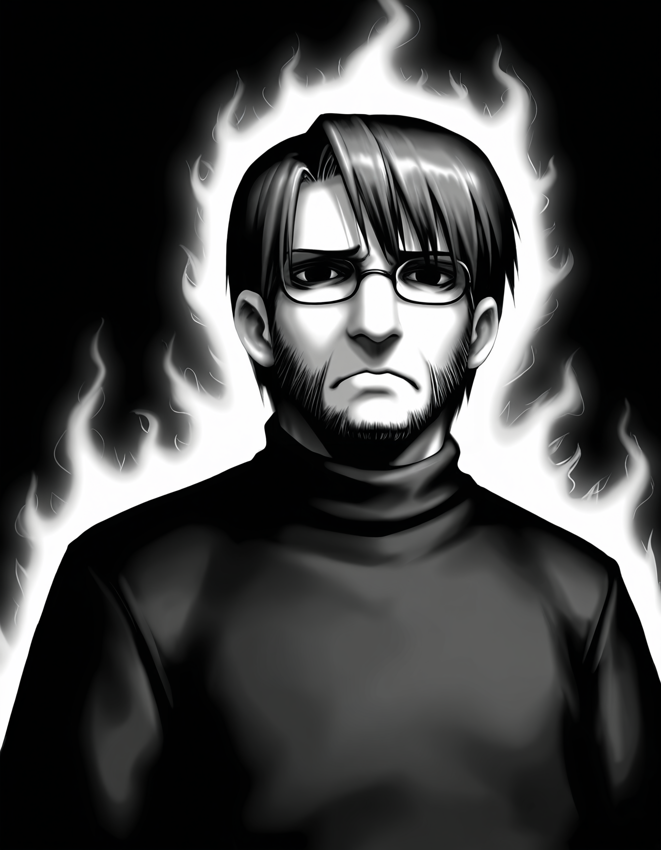 1boy, solo, male focus, 
toshiaki, glasses, facial hair, beard, 
glasses,  frown, 
turtleneck, 
upper body,
simple background,
monochrome, greyscale,outline, white aura,
masterpiece,best quality,amazing quality,very aesthetic,absurdres,newest,
<lora:StS-Illustrious-Detail-Slider-v1.0:1.5>, <lora:99coins_toshiaki_05:1>