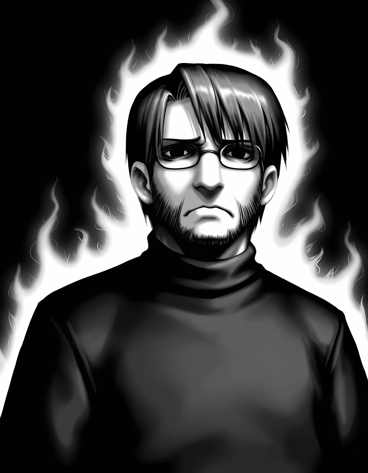 1boy, solo, male focus,
toshiaki, glasses, facial hair, beard,
glasses, frown,
turtleneck,
upper body,
simple background,
monochrome, greyscale,outline, white aura,
masterpiece,best quality,amazing quality,very aesthetic,absurdres,newest,
<lora:StS-Illustrious-Detail-Slider-v1.0:1.5>, <lora:99coins_toshiaki_05:1>
