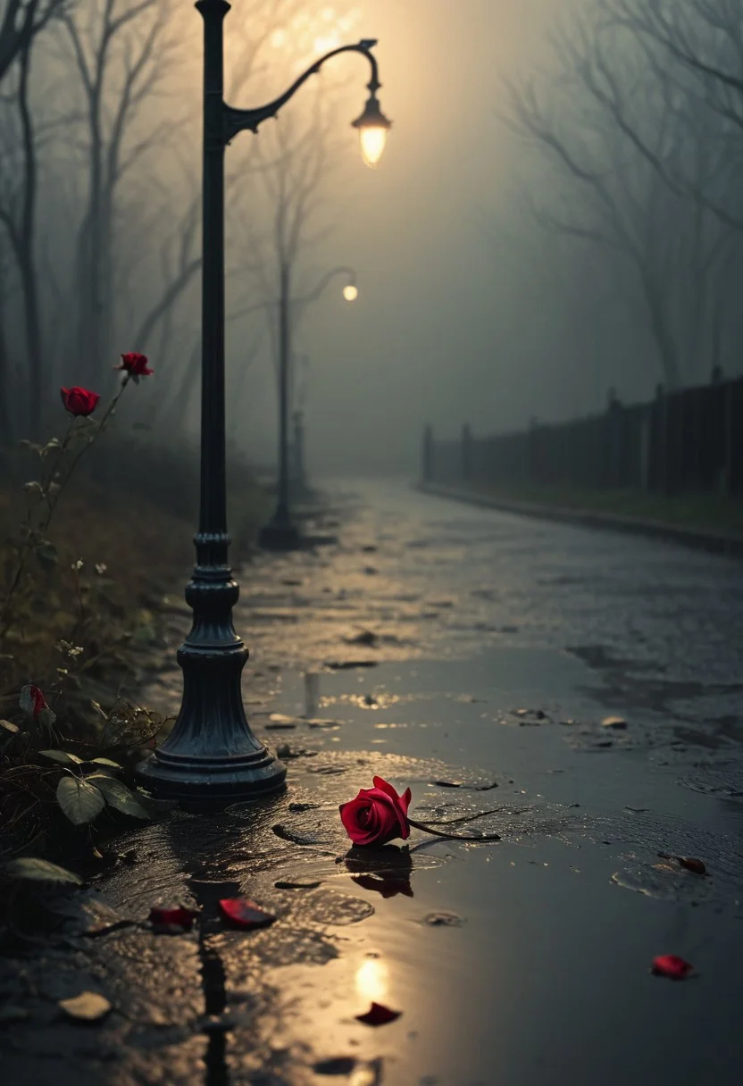 A solitary figure stands beneath a dimly lit streetlamp, rain softly cascading around them, their gaze lost in the distance. The air is thick with longing, as faded love letters scatter at their feet, carried by the wind. Deep shades of crimson, indigo, and charcoal paint the atmosphere with a melancholic glow. A single wilted rose rests in their hand, its petals trembling, mirroring the ache within. Reflections of a past love flicker in the puddles, blurred by time and sorrow. The scene is quiet yet heavy, adorned with subtle symbols of lost affection—an abandoned ring, a distant silhouette dissolving into the mist, echoes of a love that lingers but no longer remains.