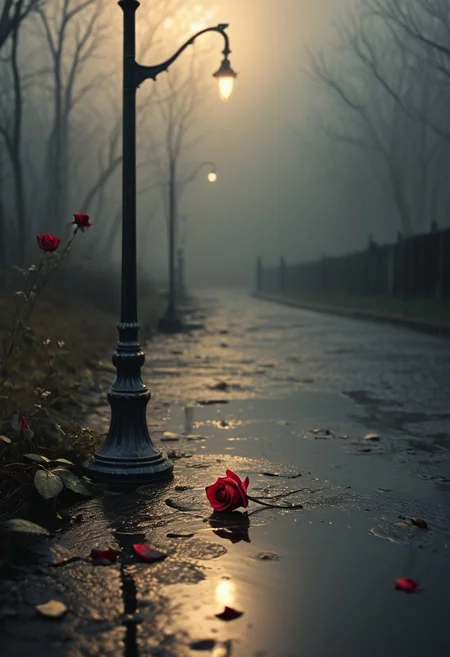 A solitary figure stands beneath a dimly lit streetlamp, rain softly cascading around them, their gaze lost in the distance. The air is thick with longing, as faded love letters scatter at their feet, carried by the wind. Deep shades of crimson, indigo, and charcoal paint the atmosphere with a melancholic glow. A single wilted rose rests in their hand, its petals trembling, mirroring the ache within. Reflections of a past love flicker in the puddles, blurred by time and sorrow. The scene is quiet yet heavy, adorned with subtle symbols of lost affection—an abandoned ring, a distant silhouette dissolving into the mist, echoes of a love that lingers but no longer remains.