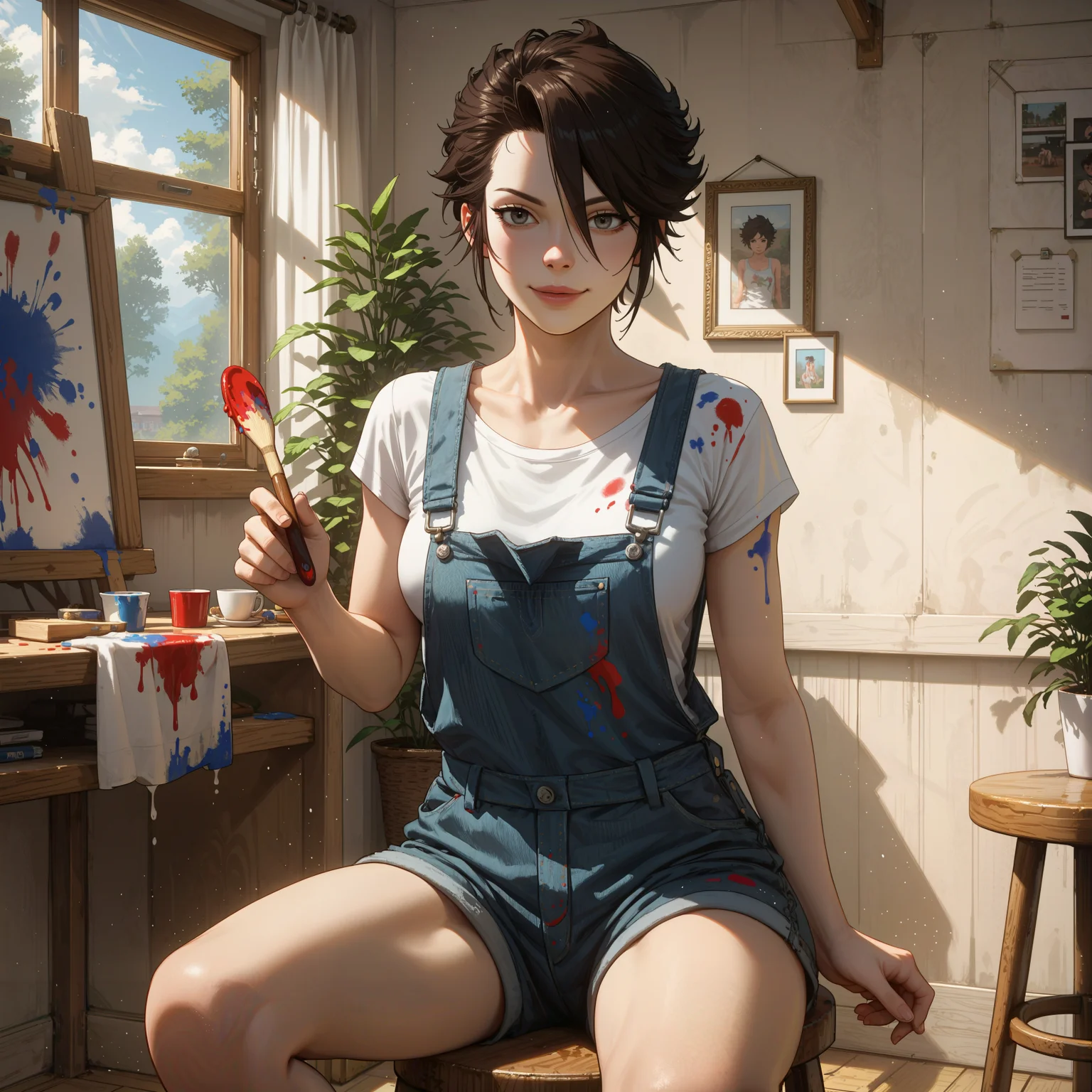 score_9, score_8_up, score_7_up, score_6_up, score_5_up, score_4_up, best quality, highly detailed, (masterpiece), 1girl, brown hair, grey eyes, eikotz, tomboy, short hair, medium breasts, fit, abs, bedroom eyes, art studio, paint-splattered shirt, oversized shirt, distressed denim overalls, sitting on stool, front view, casual pose, paintbrush in hand, playful smile, creative atmosphere, sunlight, tomboy charm, seductive presence, artistic setting, solo focus <lora:Selftrained-Tests\Eiko-TerminatorZeroHighDimm:0.7> <lora:Expressive_H:0.7>