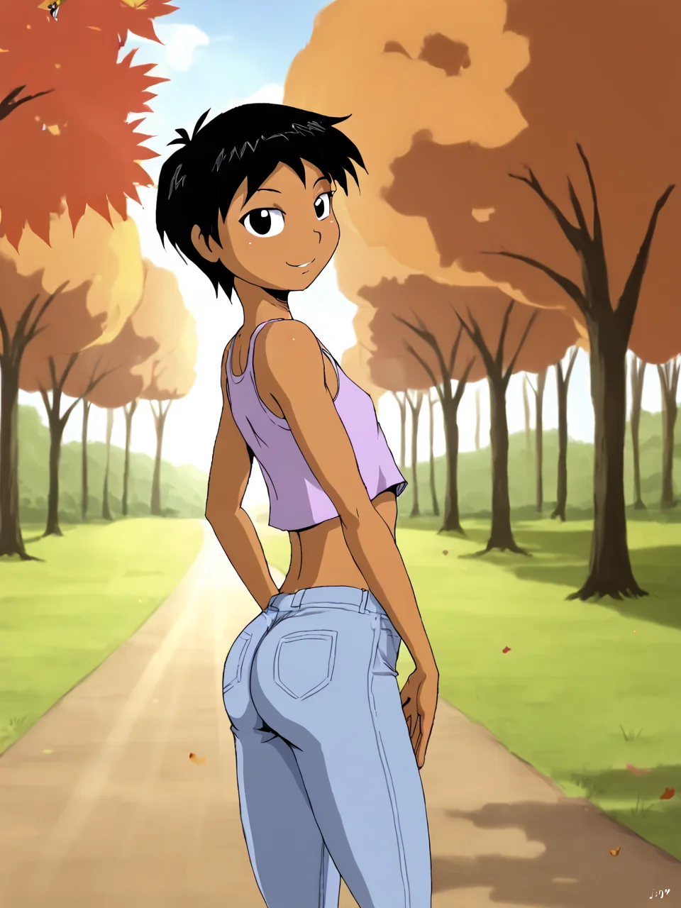 score_9, score_8_up, score_7_up, score_6_up, BREAK, N1nj4M4i, 1girl, solo, short hair, black hair, dark-skinned female, flat chest, crop top, jeans, looking at viewer, smile, standing, outdoors, day, looking back, from side, tree, leaf, sunlight, nature, forest, light rays, road, autumn leaves, maple leaf, sunbeam, dappled sunlight, autumn, falling leaves, <lora:Ninja_Girl_Mai-000008:0.8>