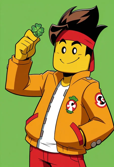 St. Patrick's Day, St. Patrick's Day theme, MKAY, 1boy, solo, brown hair, yellow skin, Orange jacket, red pockets, white shirt, red trousers, red headband, smile, holding a four-leaf clover, four-leaf clover