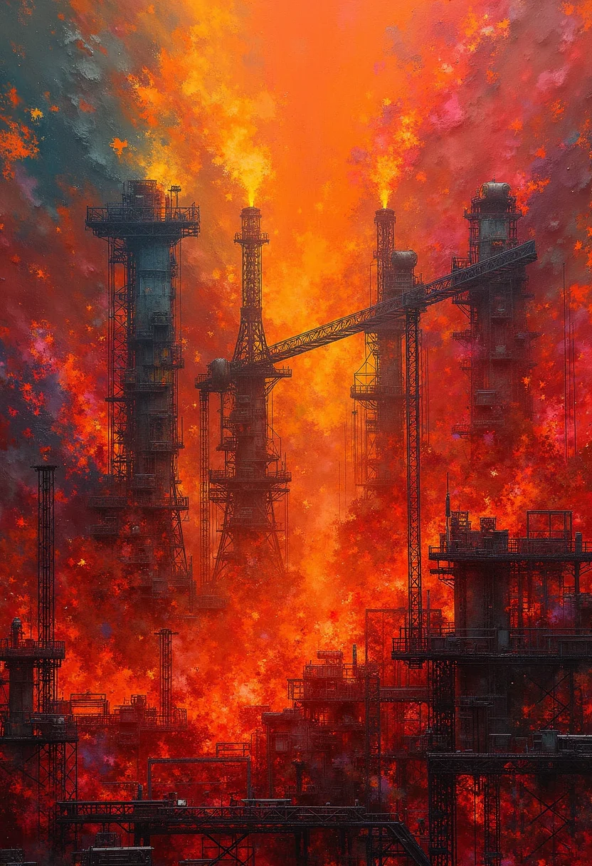 Impressionistic Mechanics: Embers of Fire A mesmerizing world unfolds amidst vibrant hues of fiery colors; daring brushstrokes create bold, sweeping compositions, inviting the viewer to delve deep into the mesmerizing nuanced atmosphere where the industrial intertwines with the ethereal, revealing the elusive and alluring symbiosis between man-made marvels and the vividly painted creations of nature. ,<lora:flux/fav/Expressionist_Painting_Style.safetensors:1.0:1.0>
