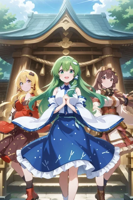 3girls, dynamic pose, outdoors, light particles, looking at viewer, moriya shrine, alongside, side by side, light smile, BREAK
absurdres, highres, masterpiece, best quality, amazing quality, official anime artwork, screencap, anime screencap, <lora:Sanae-Kochiya_IllustriousV2:1> BREAK
kochiya sanae, 1girl, solo, yellow eyes, blonde hair, long hair,, black frog hair ornament, red snake hair ornament, kochiya sanae \(human-deity duality\), alternate costume, alternate hair color, alternate eye color, red shirt, collared shirt, detached sleeves, wide sleeves, black skirt,
BREAK
kochiya sanae, 1girl, solo, green eyes, green hair, long hair,, frog hair ornament, hair tubes, snake hair ornament, collared shirt, white shirt, detached sleeves, wide sleeves, blue skirt, frilled skirt, open mouth,
BREAK
kochiya sanae, 1girl, solo, brown eyes, brown hair, long hair,, brown frog ornament, brown snake ornament, kochiya sanae \(legacy of steel and steam\), alternate costume, alternate eye color, alternate hair color, goggles on head, brown goggles, gas mask, bare shoulders, sleveless top, white top, frilled sleeves, detached sleeves, wide sleeves, white sleeves, black gloves, fingerless gloves, holster, ammunition belt, white skirt, frilled skirt,