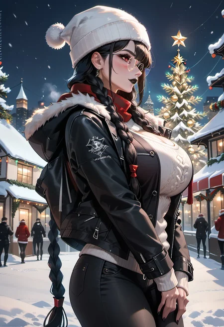 score_9, score_8_up, score_7_up, score_6_up, score_5_up, score_4_up, dynamic, Cinematic Lighting, Volumetric Lighting, Bloom, Post Processing, Perfect Anatomy, Extremely Detailed Eyes And Face, Perfect Eyes.
1girl, Solo, Goth, ((Long Black Hair)),(((very long braids:1.5))) ((Braids)), Dark Red Eyes, Dark Eyeliner, Mascara, Big Eyes, Mole On Chest, Goth, Black Lipstick, Choker, Cute Face, Blush, Big Round , Glasses, Slim Figure, Narrow Waist, Wide Hips, (High Breasts), (Huge Breasts: 1.2), Perfectly Round Breasts, Perfect Round Butt, Wide Hips,
-- clothes -- red scarf, white sweater, black pants, black coat, winter, winter hat,
outdoors, sky, cloud, winter, snowfall, Steam from the mouth., night, profile, depth of field, city lights background, backlight, christmas lights, christmas tree, night
wipe the upper part of the body,