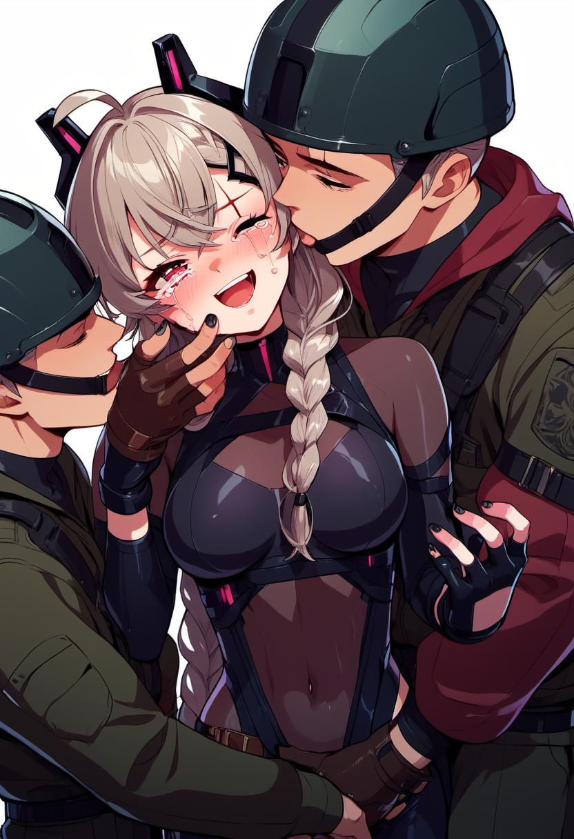 zPDXL, zPDXLxxx, score_9, score_8_up, score_7_up, score_6_up, score_5_up, score_4_up, BREAK source_anime, <lora:Saruei_Indie_Vtuber_for_PonyXL:1>, saruei, scar across eye, multiple boys, black nails, 1girl, hug, scar, one eye closed, gloves, tears, 3boys, closed eyes, partially fingerless gloves, nail polish, bodysuit, crying, goggles, 4boys, ahoge, hair ornament, long hair, fingerless gloves, smile, white background, kissing cheek, helmet, simple background, braid, open mouth, kiss