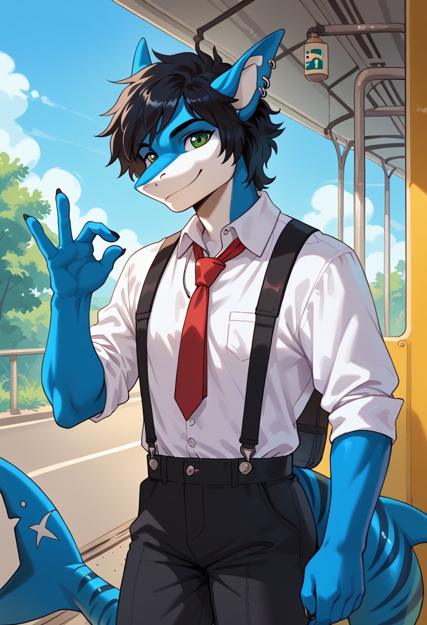 scappo,  score_9, score_8_up, score_7_up, 1boy, solo, lunarsunxl, anthro shark,dark blue skin, stripes on the body, short hair,lush hair,black hair, green eyes, shark tail, ear piercing, BREAK, Back to the viewer, half turned, looking at the viewer, white shirt, red tie, black trousers, suspenders, pink ribbon on hand, shell pendant, yin-yang pendant, goodbye gesture, big smile, happy face, train station platform background, sunny day,