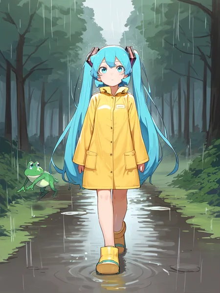 score_9, source_anime,
trees, forest, frogs, rain,
 rainboots, full body,
outdoors, walking, yellow raincoat, puddle, rain,
1girl, solo, hatsune miku,
aqua hair, aqua eyes,
<lora:abmayo_)ponyDiffusionV6XL_v6StartWithThisOne 8x16 AdamW8bit__cosine__1708740582_dim4_sv_fro_dp0.8:1>