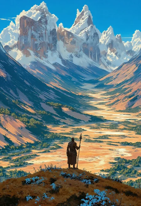 sc3n1ch0r1s0ns, the image is a ultra_detailed digital rendering of a slender and fit hero man wearing tribal buckskin tattered clothing, standing dynamically on a mountain ridge, he's brandishing a spear, The character is overlooking a vast dynamic landscape of rugged mountainous terrain, across the image the landscape varies to show all four seasons, from snowy a barren to lush forested and sandy desert, the vibrant colours pop and the scene looks three dimensional, Above the mountains the words: "QUEST FOR BUZZ" are written in 3D textured lettering, Along the bottom third of the image is the subheading: "where tf is it?"