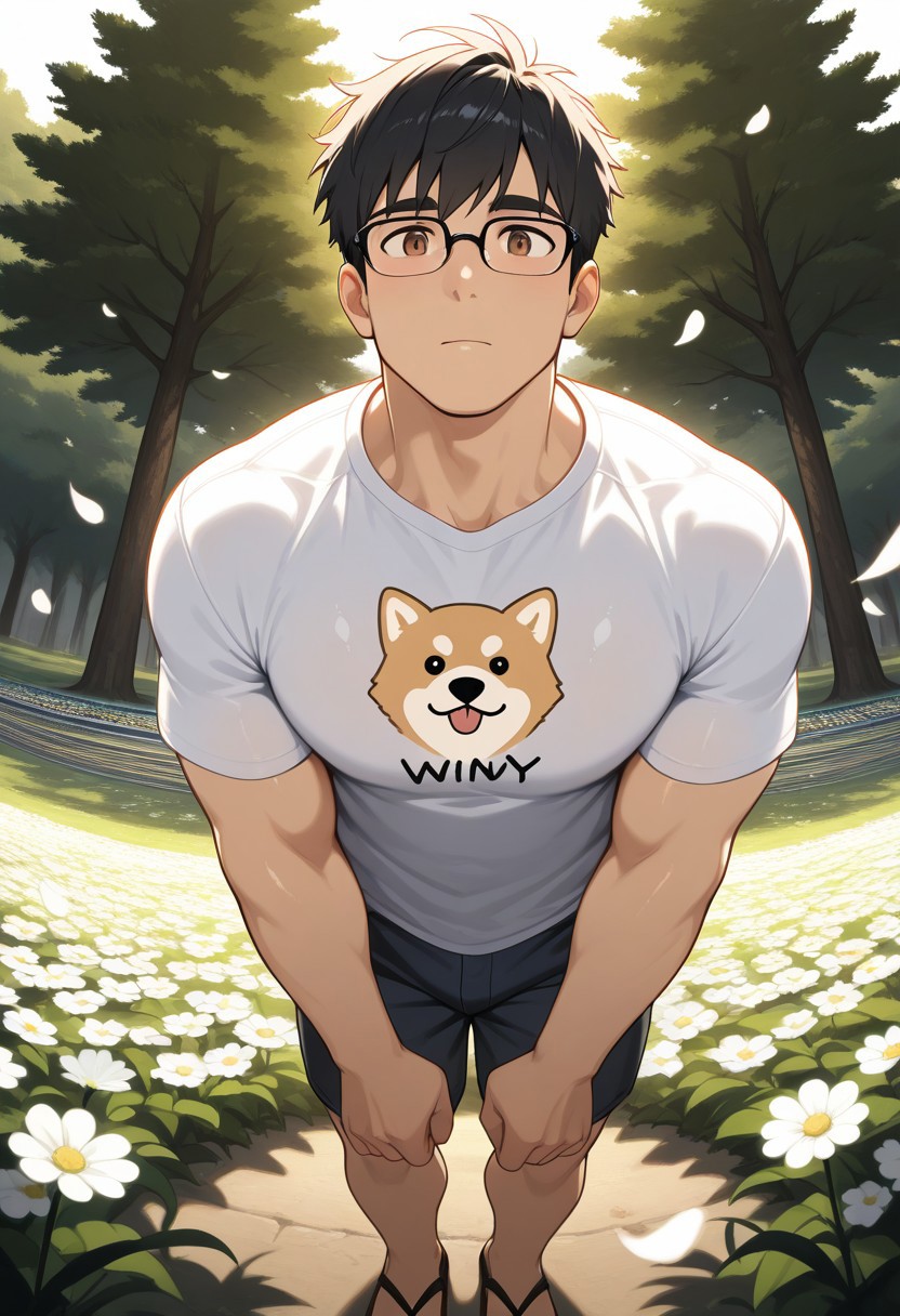 masterpiece, best quality, amazing quality, good quality, very awa, newest, highres, absurdres, warm light, lively and bustling atmosphere, background details visible, shiny skin, outdoor, flower field, tree, solo, stage, male focus,
1boy, ettaphyl, bara, short hair, black hair, brown eyes, glasses, t-shirt, dog print, shorts, wooden sandals,
dynamic pose, relaxing, fisheye, windy, (flying petal:1.5),
