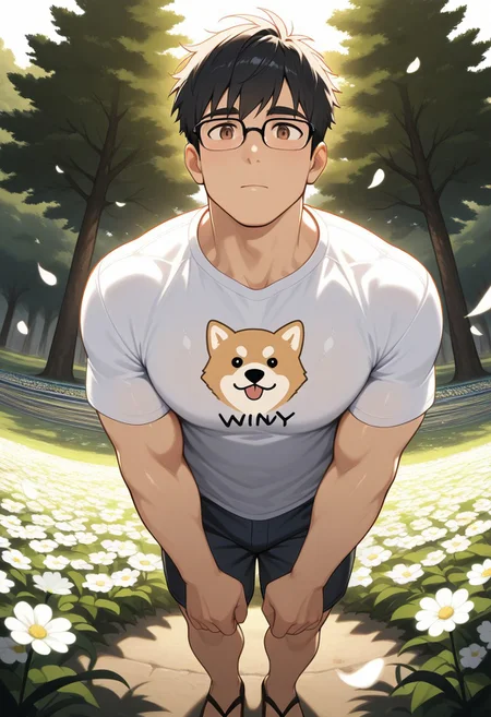 masterpiece, best quality, amazing quality, good quality, very awa, newest, highres, absurdres, warm light, lively and bustling atmosphere, background details visible, shiny skin, outdoor, flower field, tree, solo, stage, male focus,
1boy, ettaphyl, bara, short hair, black hair, brown eyes, glasses, t-shirt, dog print, shorts, wooden sandals,
dynamic pose, relaxing, fisheye, windy, (flying petal:1.5),