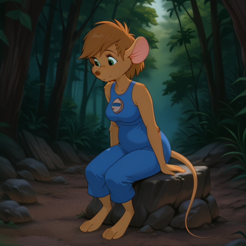 masterpiece, best quality, amazing quality, AbigailouafILv2, anthro, female, mouse, brown fur, green eyes, brown hair, short hair, blue overalls, in a forest, sitting on a rock, adult woman, medium breasts, solo, athletic , full body, <lora:8dba6888-3f33-46b4-98d7-46ba0af62ec9:1.0>