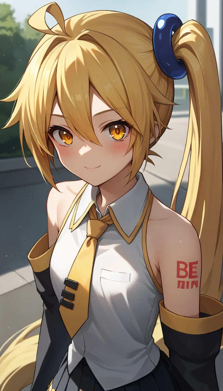 score_9,score_8_up,masterpiece,best quality,correct anatomy,anime_source,1girl,solo,alone,perfect eyes,perfect arms,perfect legs,perfect face,outdoors,upper body,(portrait:1.5),looking at viewer,facing viewer,smile,blush,Akita Neru,ahoge,absurdly long hair,blonde hair,side ponytail,hair ornament,sidelocks,hair between eyes,parted bangs,yellow eyes,white shirt,collared shirt,bare shoulders,sleeveless shirt,yellow necktie,detached sleeves,black sleeves,shoulder tattoo,fringe,miniskirt,black skirt,pleated skirt,zettai ryouiki,black thighhighs,thigh boots,<lora:Akita Neru(voc)-Pony:1.5>,