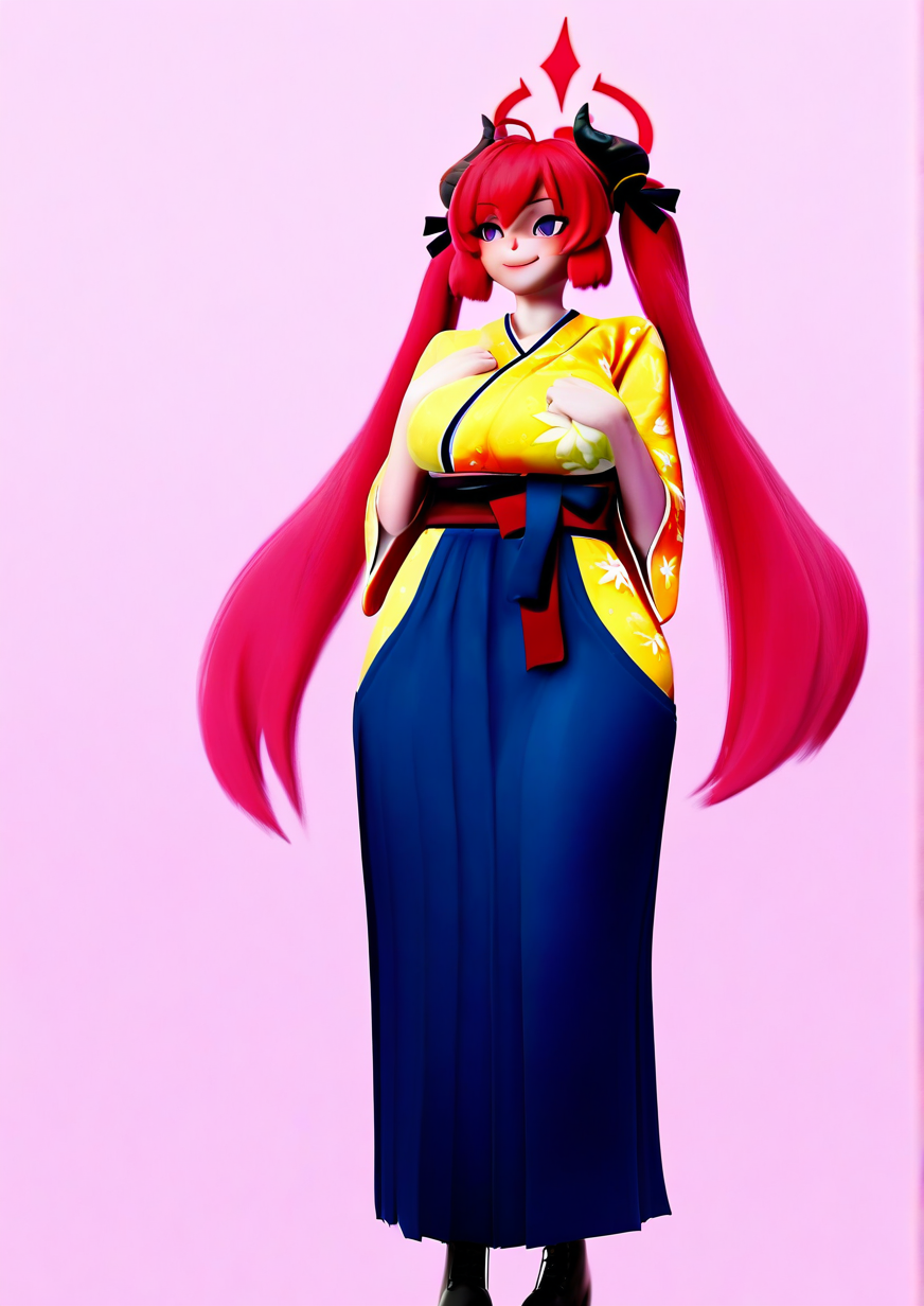 <lora:Maskey:1.4>,1girl, , huge breasts, wide hips, black footwear, blue skirt, boots, hakama, hakama skirt, halo, japanese clothes, kimono, long hair, pink background, purple eyes, red hair, skirt, solo, twintails, yellow kimono,  junko \(new year\) \(blue archive\),
best quality, highres, absurdes,amazing quality
