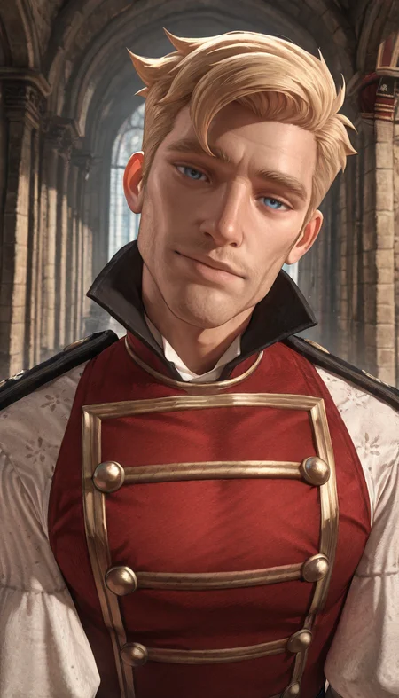 masterpiece,best quality,absurdres,newest,perfect quality,best quality,absolutely eye-catching,detailed background,intricate details,male focus,solo,<lora:Fable 3 - Ben Finn - Illustrious_1:0.7>,bfinn,1boy,adult male,blue eyes,blonde hair,red military uniform shirt,puffy sleeves,long sleeves,looking at viewer,head tilt,portrait,