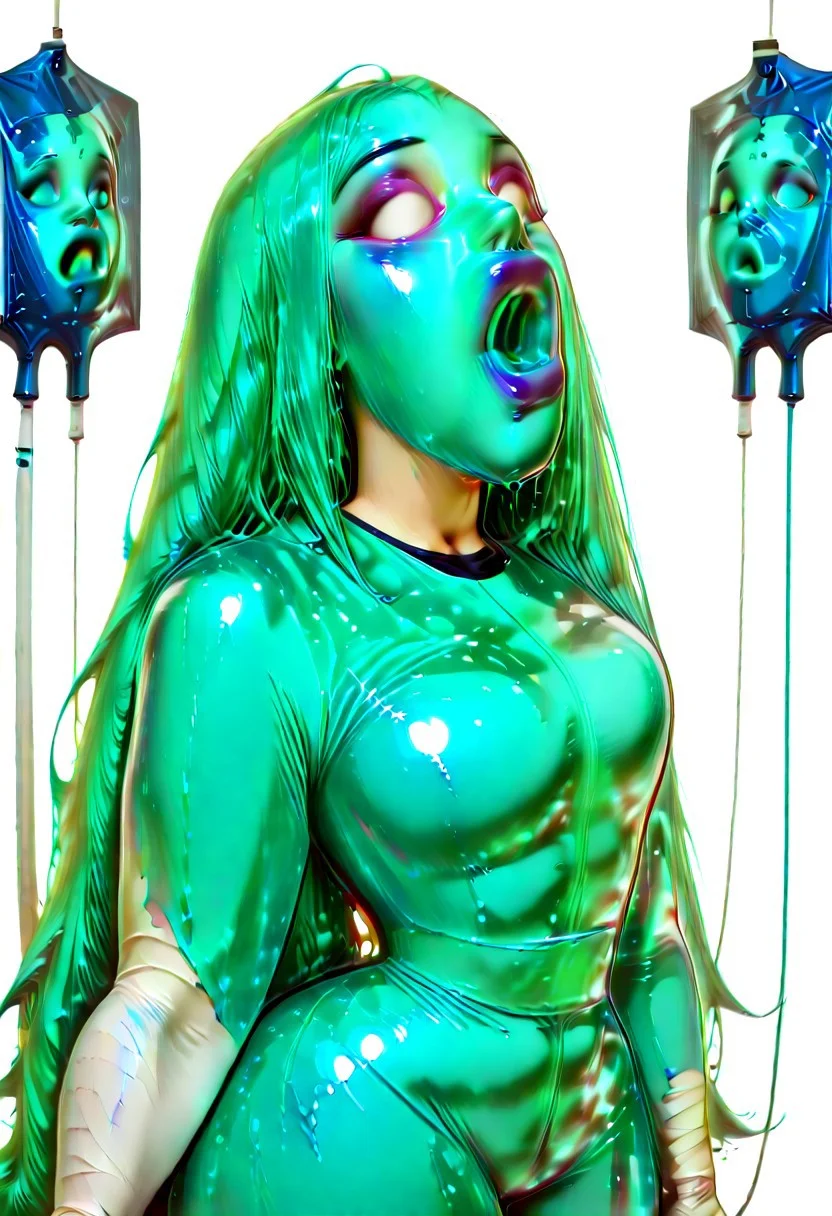 channelstyle, solo, intravenous drip, long hair, hospital gown, bandages, bandaged head, blood, 1girl, aqua eyes, looking at viewer, very long hair, pants, simple background, aqua hair, open mouth, hatsune miku, injury, messy hair, bandaid, empty blood bag, shirt, bandaged arm, cowboy shot, white background, long sleeves, hair down,blue screen of death, glitch,vomiting,
Blue Vomit, masterpiece, best quality, very aesthetic, g0th1c, glowing, neon lights, glowing eyes,, masterpiece, best quality, very aesthetic, easynegative, ltxdoll, (color) dollmask, (color) bodysuit,, covered eyes, covered mouth, covered face,, maskpull, pulling mask,, O-shaped mouth, open mouth, (color) O-ring, (color) inner mouth,, Dollmouth, open mouth, (color) lips, (color) inner mouth,, white eyes, eyebrows, eyeshadow,