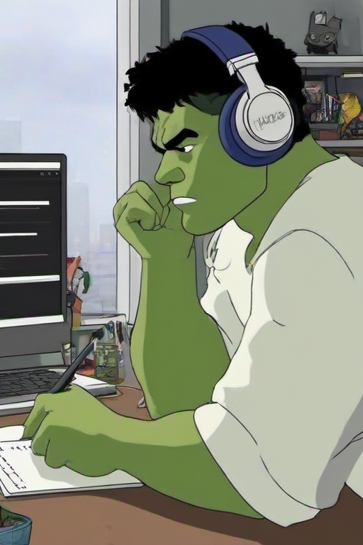 <lora:PE_LofiHipHop:0.8> PELofiHipHop,sitting at desk,headphones,
hulk