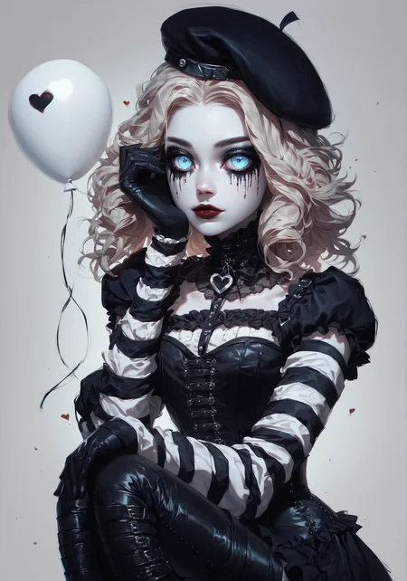 score_9, score_8_up, score_7_up, score_6_up, Dark beauty, Dark beauty, solo, blonde girl, smeared red makeup under eyes, black-and-white striped outfit, heart symbols on sleeves, red and white balloons, gothic mime style, black beret, pale skin, icy blue eyes, dark eyeliner, melancholic expression, seated, knees pulled close to chest, arms resting on knees, corset top, black gloves, carnival theme, eerie atmosphere, haunting elegance, emotional intensity.