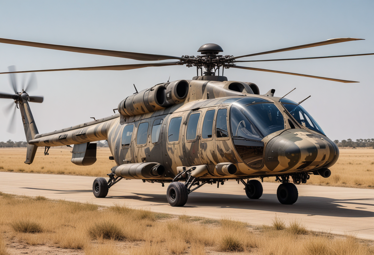 (medium full shot) of (robust gigantic camouflaged helicopter) with carbon-fiber body, electric motors, advanced shielding, rotor blade designs, set in  landing in the middle of the savannah, the helicopter setting down on the open plain, Masterpiece,best quality, photo, realistic, very aesthetic,