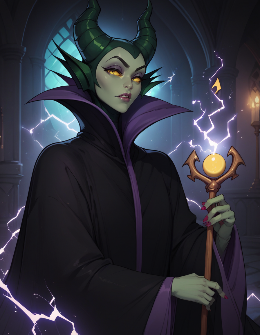 score_9, score_8_up, score_7_up,     
1girl, solo,
maleficentdg,
colored skin, yellow sclera, green skin,
horned headwear, wide sleeves, high collar, black cape, parted lips, 
holding staff, 
half-closed eyes,  looking at viewer, 
castle interior, night, magic, electricity, 
 <lora:Maleficent DG PXL v01-000003:0.90>