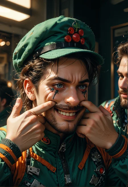 score_9,score_8_up,score_7_up,embedding:zPDXL2, film grain,Cinematic Lighting,colorful, 1boy, green_hat,mirror, from behind, from above, forced smile, mouth pull, fingersmile, makeup, clown nose, runny makeup, cyborg, bodysuit, headgear, beard, teeth,<lora:增强\(收藏)\sdxl_lightning_8step_lora.safetensors:1.0:1.0> <lora:增强\(收藏)\Midjourney mimic 2.0.safetensors:0.2:0.2> <lora:(风格)\Photo 2 Style SDXL_LoRA_Pony Diffusion V6 XL.safetensors:0.2:0.2> <lora:增强\(收藏)\Midjourney mimic 1.2.safetensors:0.6:0.6> <lora:(风格)\(收藏)\fiasco_A1.safetensors:0.6:0.6> <lora:(风格)\(收藏)\unholy-000009.safetensors:0.2:0.2> <lora:JokersForcedSmile_pdxl_Incrs_v1.safetensors:0.8:0.8>