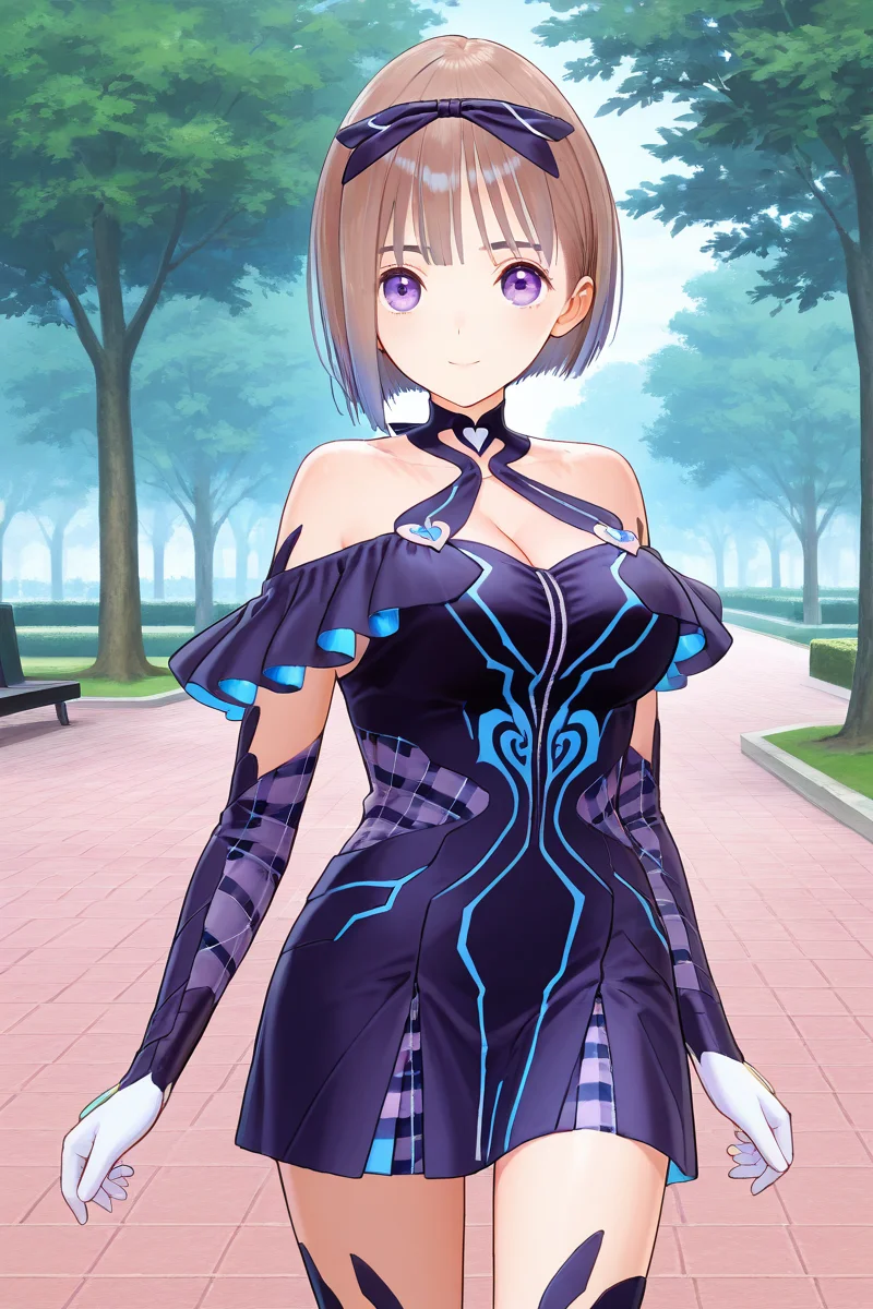 1girl, solo, breasts, looking at viewer, smile, short hair, light brown hair, thighhighs, gloves, dress, medium breasts, purple eyes, boots, Hoshizaki Ao, Reflector outfit, park, tree, park <lora:Hoshizaki_Ao_Blue_Reflection_Pony:1>, navy blue hair bow, chocker, strap dress, bare shoulders, off shoulder navy blue frill gown, tartan elbow gloves, sexy poses, white gloves, cleavage, cowboy shot, <lora:Hoshizaki_Ao_Blue_Reflection_Illus:1>