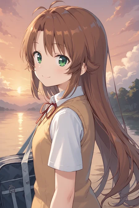 score_9, score_8_up, score_7_up, BREAK
1girl, koshigaya komari, shirt, sweater vest, neck ribbon, upper body, from side, school bag, looking at viewer, light smile, BREAK
outdoors, cloud, sky, evening, sunset, BREAK
<lora:add-detail-xl:1>, <lora:PerfectEyesXL:0.3>, <lora:CinematicStyle_v1:0.5>, <lora:t0nym0r3XLP:0.7>, <lora:Komari_pdxl_v1.0:0.95>