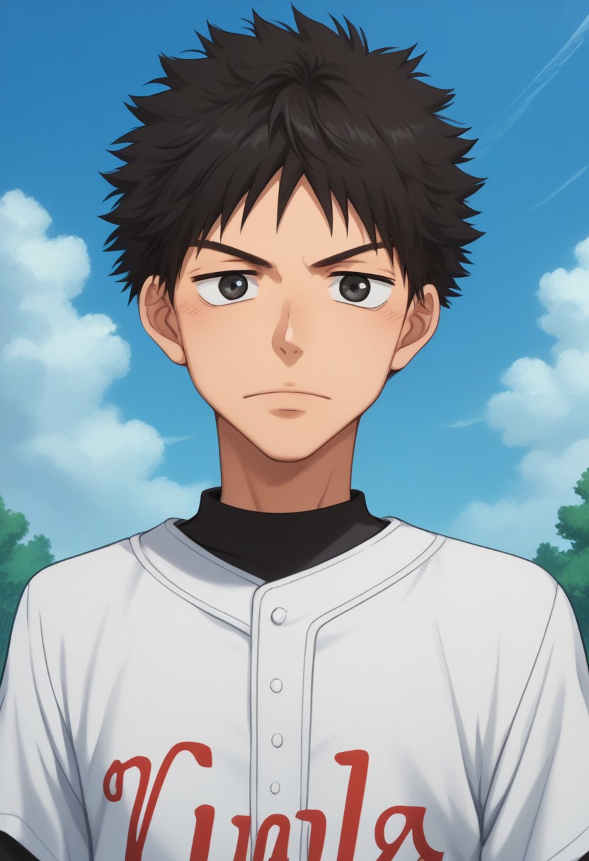 score_9, score_8_up, score_7_up, source_anime, highly detailed, 
takaya, 1boy, male focus, outdoors, solo, sky, black hair, day, cloud, sportswear,
baseball uniform, blue sky, upper body, tree, looking at viewer, black eyes,
spiked hair, shirt,
