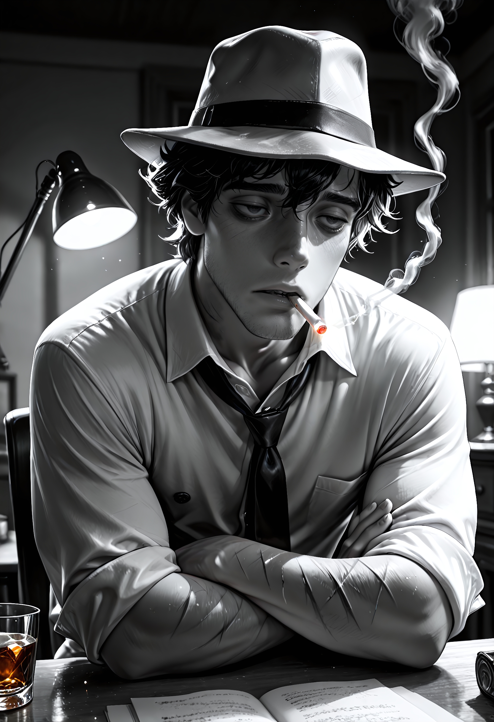 SmoothNoob_Quality, (greyscale), noir photograph, 1boy, male detective, male focus, (fedora, tired eyes), (cigarette on mouth), (shirt sleeves rolled up to reveal scars), parted lips, sitting, desk, (smoke swirling), (desk lamp), (highly detailed fabric wrinkles), whiskey glass, astray, crossed arm