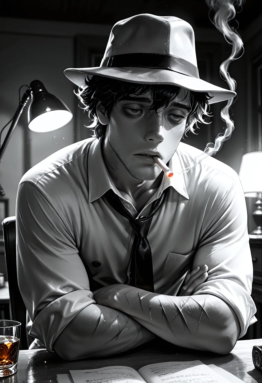 SmoothNoob_Quality, (greyscale), noir photograph, 1boy, male detective, male focus, (fedora, tired eyes), (cigarette on mouth), (shirt sleeves rolled up to reveal scars), parted lips, sitting, desk, (smoke swirling), (desk lamp), (highly detailed fabric wrinkles), whiskey glass, astray, crossed arm