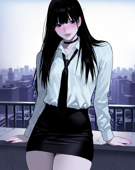 masterpiece, best quality, newest, absurdres, highres, dark, cinematic lighting,
standing, thick thighs, small breasts, city, rooftop, day,
one girl, 1girl, solo, black eyes, black hair, long hair, straight hair, thick lips, choker, pale skin,
office lady, white shirt, black tie, black pencil skirt,
light smile, blush, nose blush,
dynamic pose, <lora:Lunas-Gyuing666-IllustriousXL-EXP1:1>