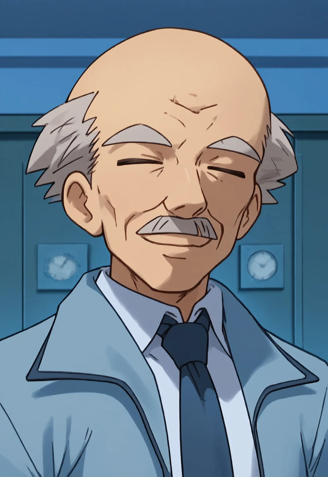 safe_pos, safe_pos, score_9, score_8_up, score_7_up, rating_nsfw, ultra hd, absurdres, solo, 1boy, masterpiece, best quality, best aesthetic, Expressiveh, wolfconf,
PokemonBenjamin, bald with grey hair, mustache, closed eyes, blue necktie, light blue shirt with jacket, lab, (portrait), headshot, smiling, facing viewer, hd