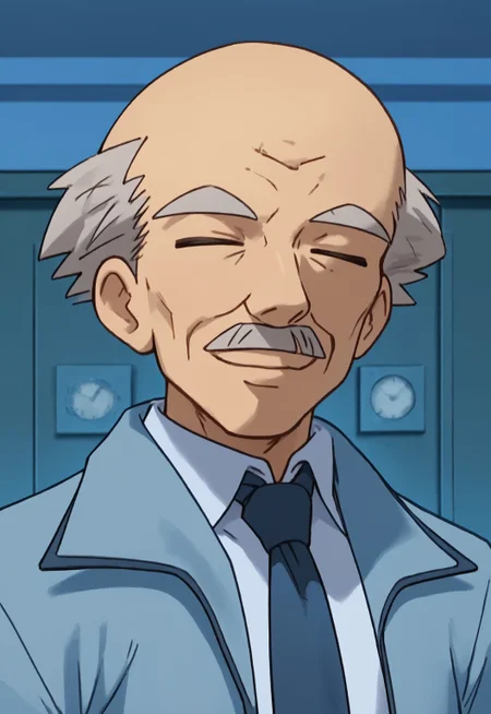 safe_pos, safe_pos, score_9, score_8_up, score_7_up, rating_nsfw, ultra hd, absurdres, solo, 1boy, masterpiece, best quality, best aesthetic, Expressiveh, wolfconf,

PokemonBenjamin, bald with grey hair, mustache, closed eyes, blue necktie, light blue shirt with jacket, lab, (portrait), headshot, smiling, facing viewer, hd