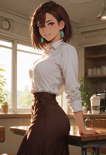 masterpiece,best quality, highly detailed, score_9, score_8_up, score_7_up, score_6_up, hyperrealistic,
BREAK
1girl, (((Momo Ayase, brown hair, medium hair, brown eyes, butt, slender, full breasts, thick thighs, sexy, adult, ))), (((sexy pose, closeup, focus on face, waist up photo, portrait)),
, (((long sleeved shirt,, midriff, long skirt, tight skirt at hips, view from knees up, view from side, looking at viewer,, shy smile)))
(((Standing, by table, , cute, cafe ))),, coffee shop, morning, by window, (((sexy setting,view from side, sunlight on body romantic, hidden))); , , vibrant colors, soft focus, textured surfaces, depth of field, dim, rich details,,background, (((solo)))