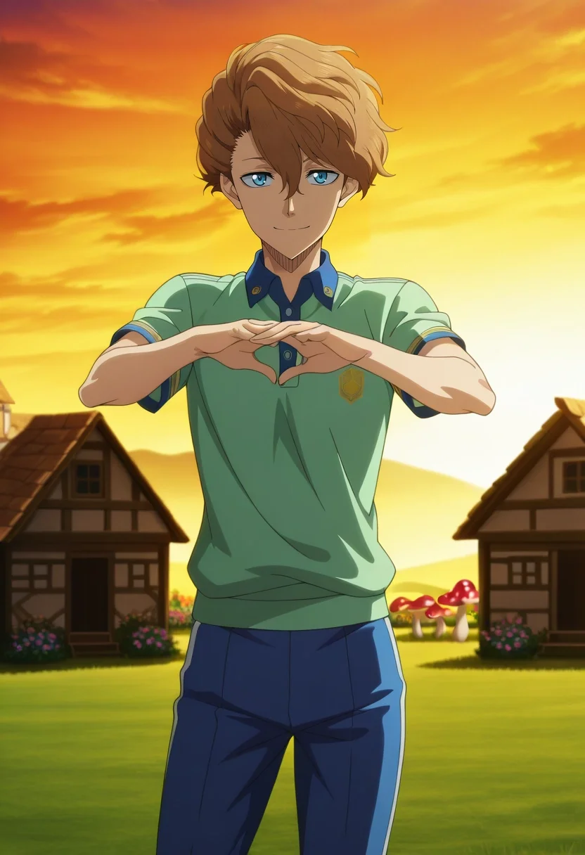 masterpiece, best quality, , anime screencap, , official style, looking at viewer, 1boy, solo, male focus, <lora:langris_vaude_ilxl:0.98>, langris_vaude, brown hair, blue eyes, short hair, hair between eyes, , fairy grove, flower circles, light paths, mushroom houses, dancing pose, playful expression, twilight, Athletic sweatpants, Golf polo, , ,