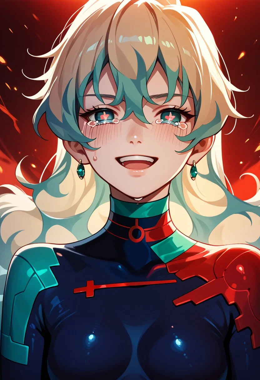 score_9,score_8_up,score_7_up,source_anime, Nia Teppelin (Antispiral),1girl,solo,looking at viewer,smile,open mouth,jewelry,upper body,tears,symbol-shaped pupils,bodysuit,ring,cross-shaped pupils,digital dissolve,