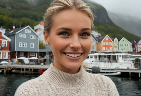 A hyper-detailed, high-resolution (8K) image of a 30-year-old woman with sleek blonde hair tied back, Her striking blue eyes gleam with warmth, framed by delicate laugh lines that enhance her inviting charm. She is watching the crowd nearby. Subtle wrinkles on her face, natural skin texture. Realistic teeth and face structure — no plastic shine, soft diffused light. She is standing at the edge of a dock in Bergen, arms crossed in a relaxed pose. She wears tan wide-leg trousers and a light gray collared shirt under the sweater. Colorful Scandinavian houses and misty fjords blur behind her. Shot from the waist up, wide-angle (35mm), soft overcast sky, no facial distortion.