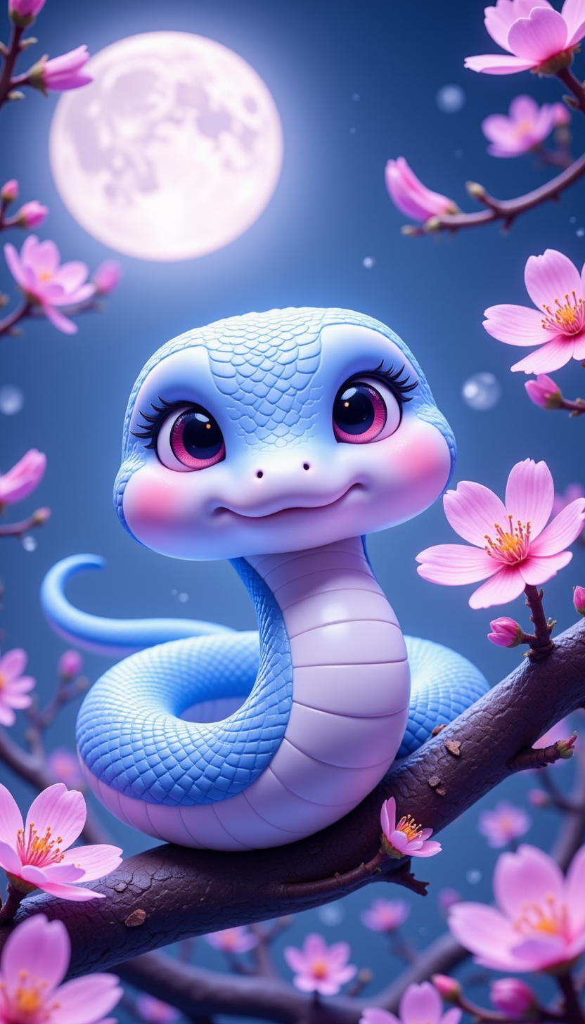 pinkchibisnakeyear,
A silver and blue snake with intricate patterns resting on a branch of blooming plum blossoms, with a glowing full moon and soft lantern light illuminating the scene.