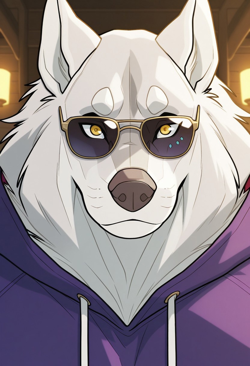<lora:LugV4:0.8>, Lug_(anhes), solo, wolf boy, yellow eyes, eye marking, white fur, furry, muscular, mature, manly, face focus, portrait, light blue shirt, purple hoodie, sunglasses,  BREAK masterpiece, best quality, amazing quality, very aesthetic, high resolution, 4K, extremely-detailed, depth of field, separate focus, newest, scenery, detailed fur, detailed muscles, cinematic lighting