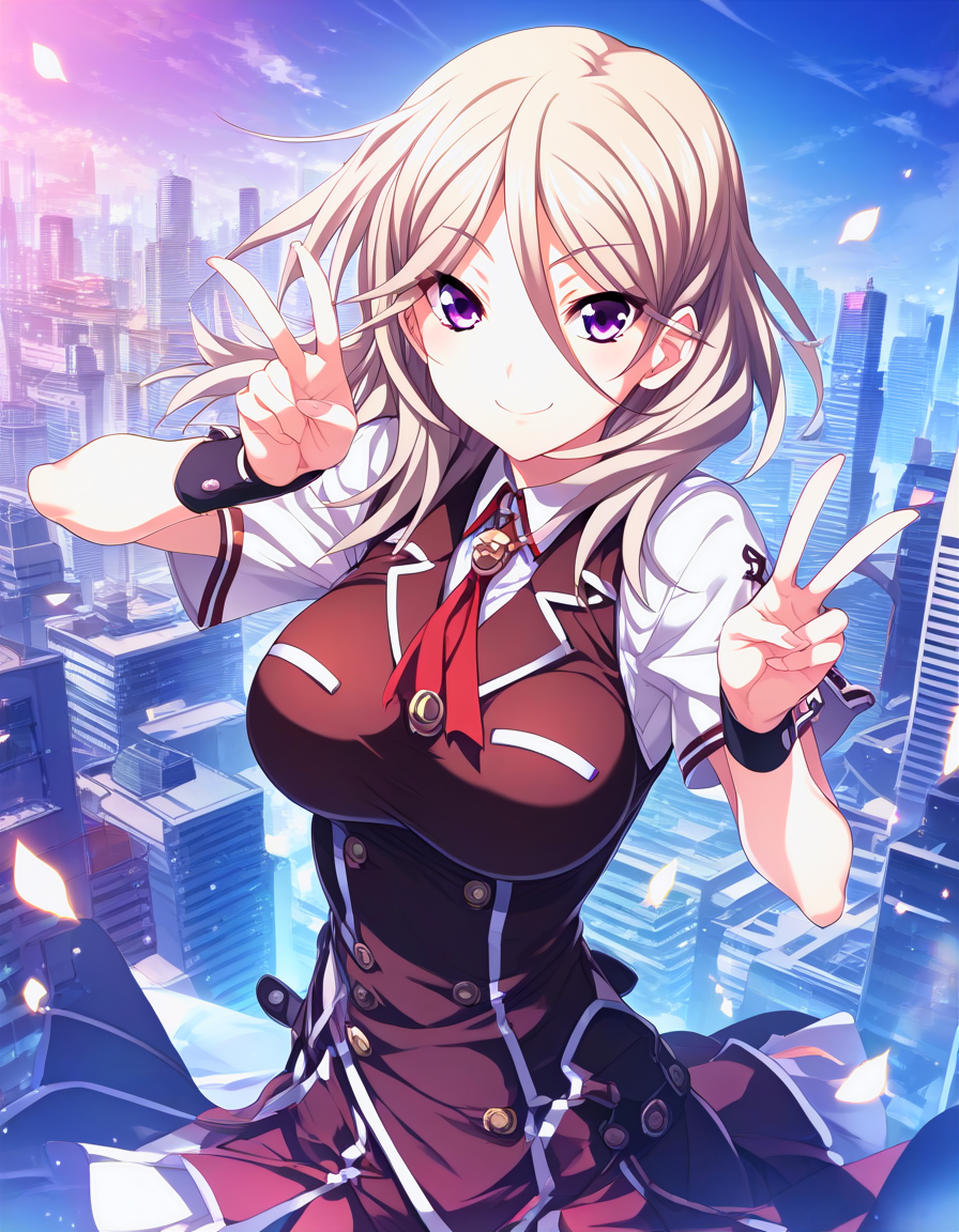 1girl,solo,<lora:inui_azusa_epoch_10:0.9>,inui_azusa,purple eyes,double_v,city,, score_9, score_8_up, score_7_up, source_anime,
